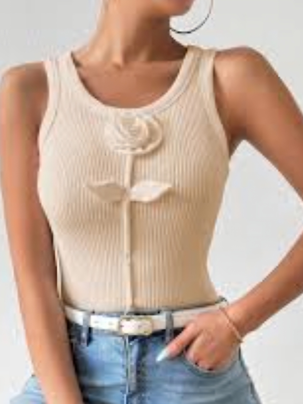 SHEIN Ribbed Cream Tank Top with Decorative Rose
